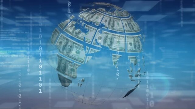 Fragments joining, dollar globe assembling and rotating while binary streams showing finance data