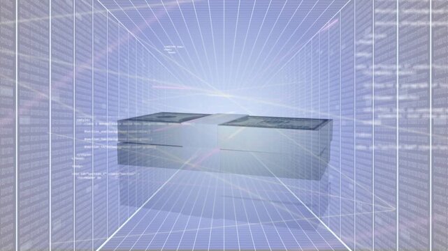 Block appearing and descending in wireframe tunnel morphing into stacked notes showing money art