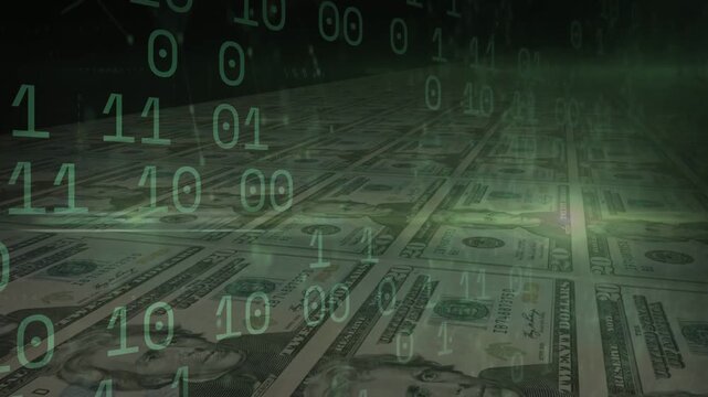 On start tiled US dollar bills receding while green binary falling, visualizing financial flow
