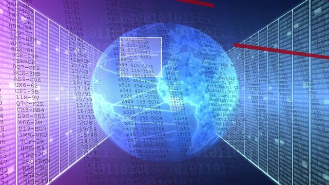 Gradient fading in globe forming, numbers flowing, grids opening aisle, camera moving showing links