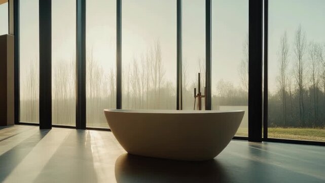 A modern bathroom featuring a large freestanding bathtub positioned next to floor-to-ceiling windows offering a breathtaking view. Sunlight filters through the trees outside, illuminating the room.
