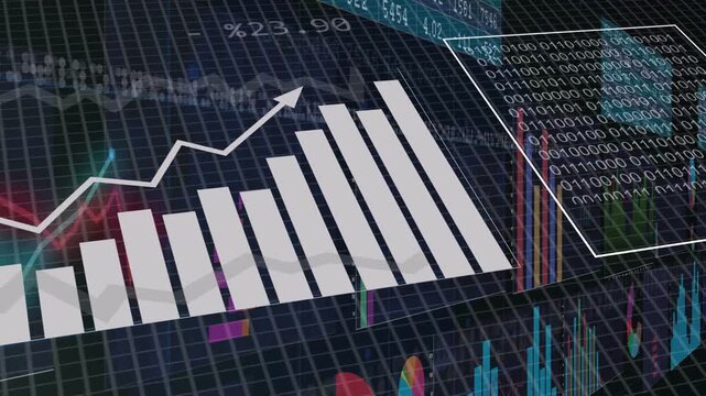 Data feed arriving 3D dashboard rotating and panning revealing stacked columns and summarizing data