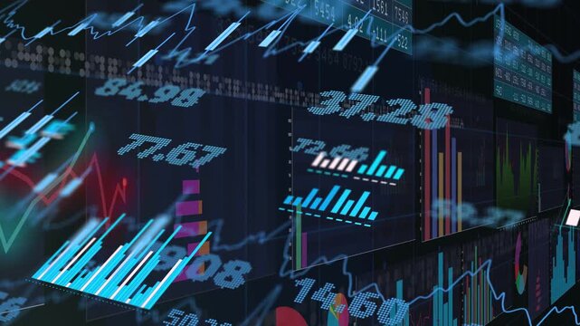 Camera panning right, layered charts shifting and numeric tickers updating, visualizing market data