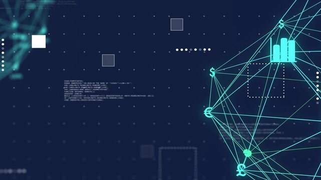 Node glow starting at right, teal wireframe network growing, lighting nodes, visualizing finance