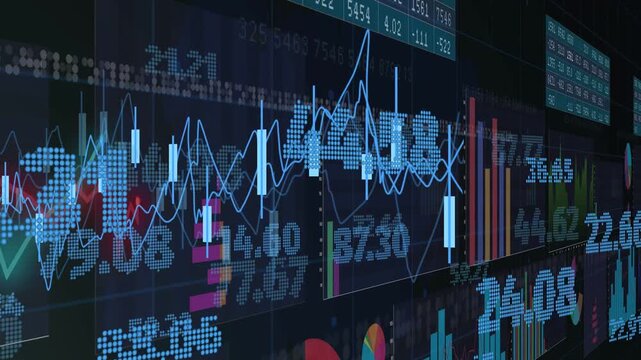 Live feed updating, panning tiled market wall, showing rising bars, shifting candles for signals