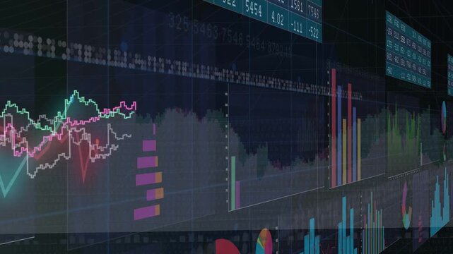 Left stacked bars starting right pan, camera revealing data wall while neon lines showing updates
