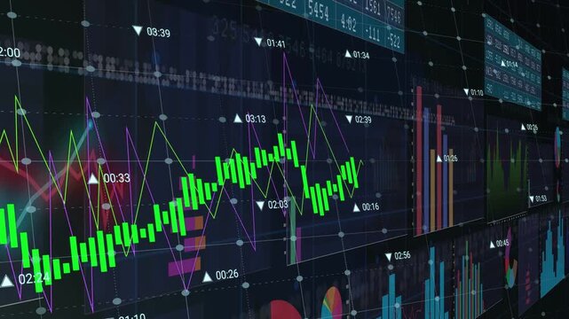Camera panning across 3D dashboard, green trend falling then rising, updating market charts