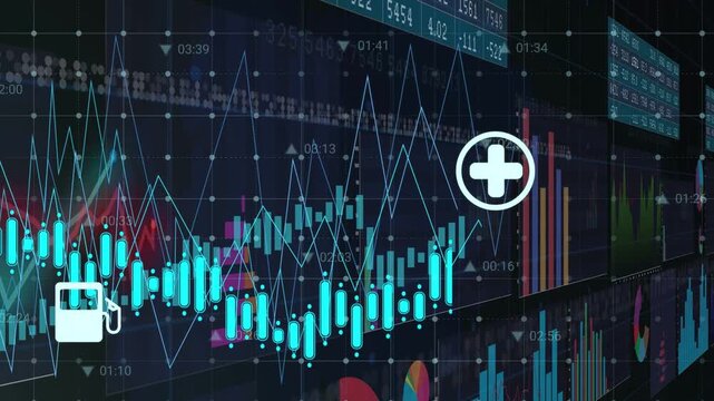 Financial dashboard animating from candlestick pulse, revealing sector icons to show market shifts