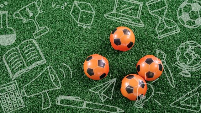 Four orange soccer balls rotating shifting as chalk icons fading in from left showing school sports