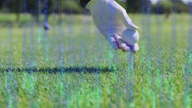 Gloved golfer's hand entering frame causing data overlay rising, placing ball on tee for golf shot
