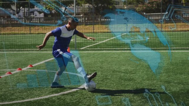 Player starting drill by ball touch, dribbling cones, shooting goal, holo guiding soccer training