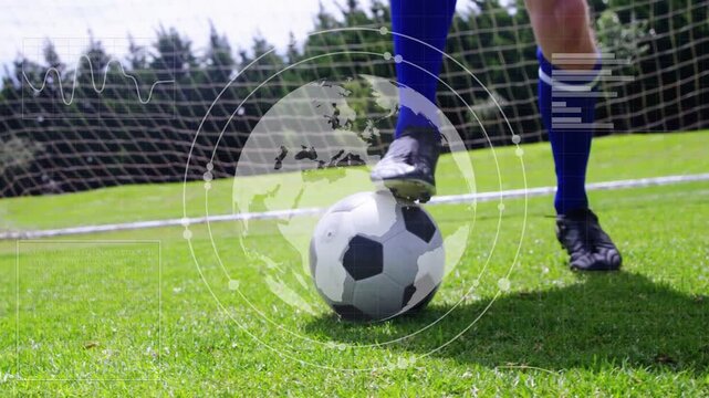 Player placing foot on ball near goal initiating sports HUD overlaying legs stepover holding ball