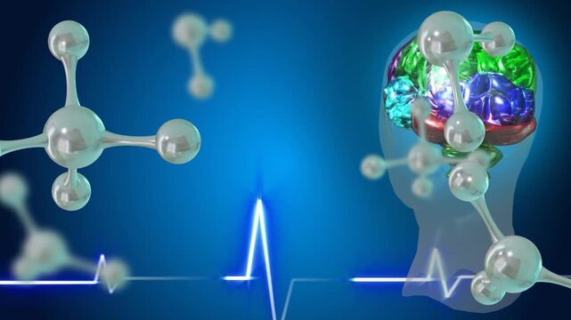 ECG spike appearing, molecules drifting across, brain rotating in head, showing neural activity