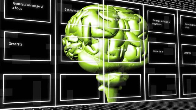 Falling binary columns starting green brain rotating toward center, icons snapping into framed grid