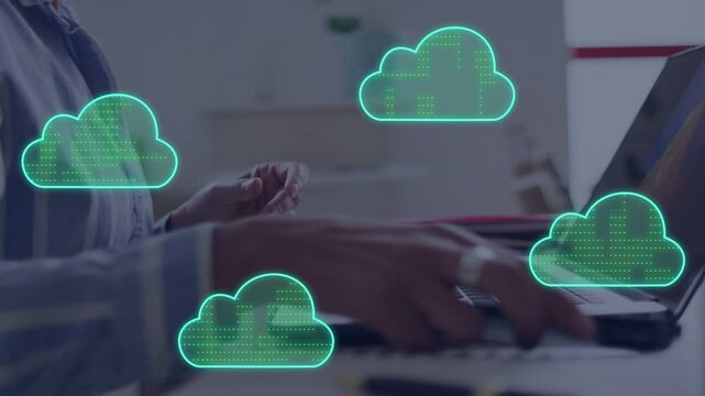 Woman tapping smartphone placing it and typing on laptop while neon green clouds syncing devices