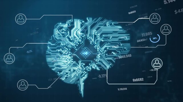 Glowing dot appearing, circuit brain forming, lighting, extending links to users, showing data flow