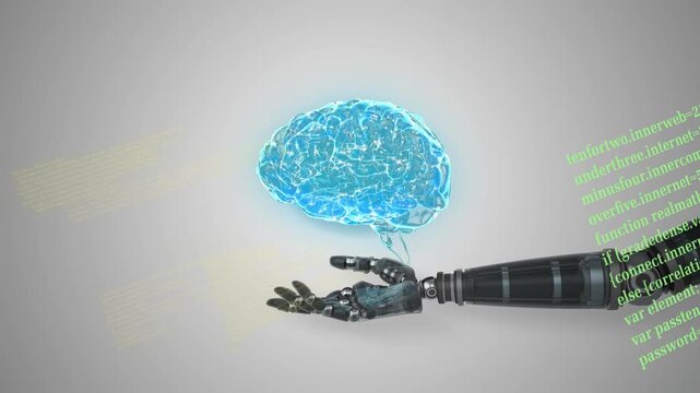 Converging code forming hologram brain above hand, robotic arm entering, cradling, presenting data
