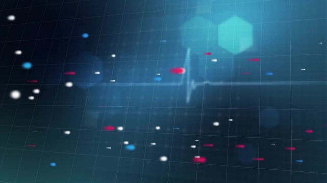 ECG line spiking, causing cyan hexagons pulsing and dots drifting across grid showing medical data