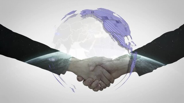 Business execs clasping hands handshake sparking rotating globe with purple lands for global deal