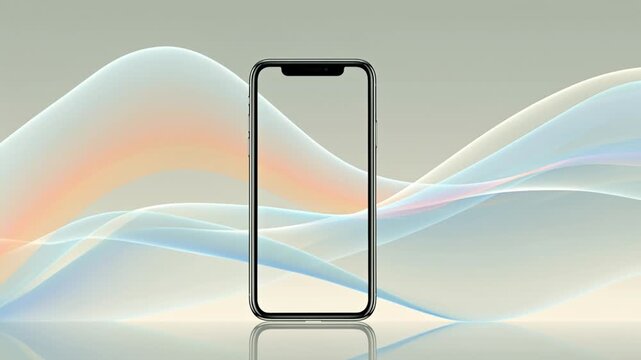 Modern smartphone mockup standing on abstract pastel wave background with soft futuristic lighting and minimal design Concept of mobile technology