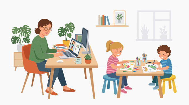 Mother working from home on laptop while children draw at table, illustrating remote work and family balance
