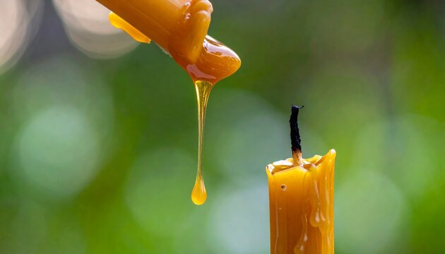 Liquid Wax Drips Onto Candle Wick Close Up Outdoor Natural Green Bokeh Background Soft Focus