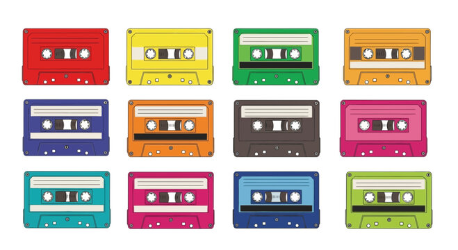 Collection of colorful vintage cassette tapes arranged in a grid, retro music concept