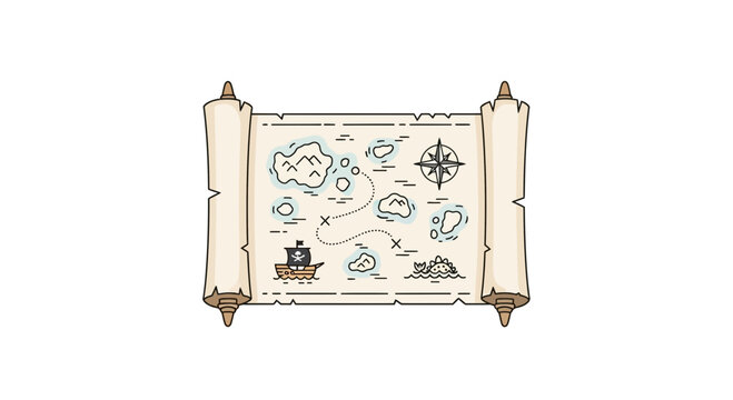 Pirate Treasure Map, Compass, Islands, Ship, X Marks the Spot, Adventure