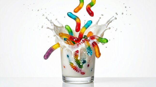 Gummi Worm Candy Falling into Milk Splash Ultra Realistic Food Photography
