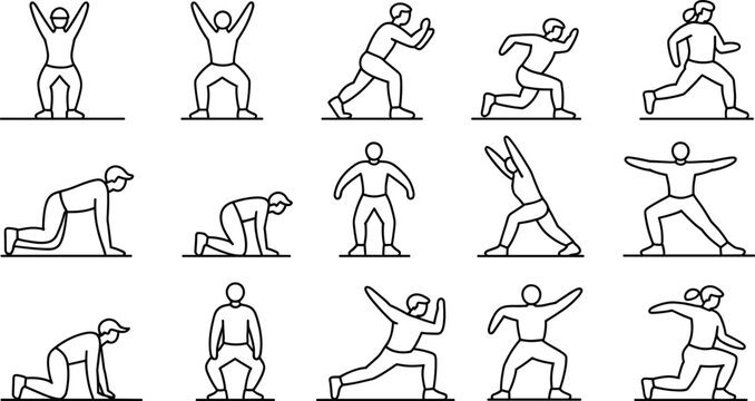 Vector line icon set of people doing fitness exercises, stretching workouts, and gym training