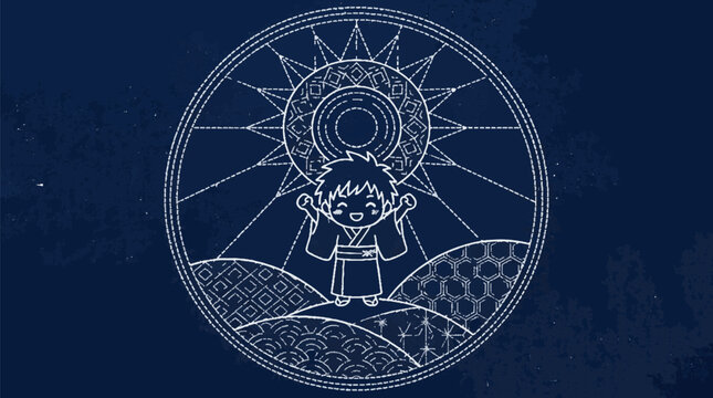 Joyful cartoon boy in kimono with sun mandala and traditional Japanese patterns, white line art vector illustration on dark blue background