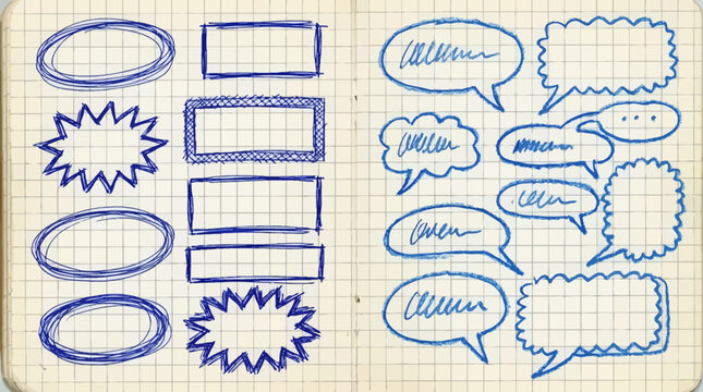 Blue pen text boxes and shapes collection. Blue ball pen ovals, rectangles and starburst doodles at grid notebook background