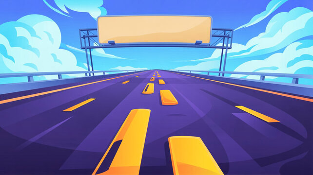 Empty highway road with billboard under sunny blue sky