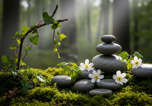 Serene Zen Garden with Smooth Stones and Blossoms in Forest Setting.