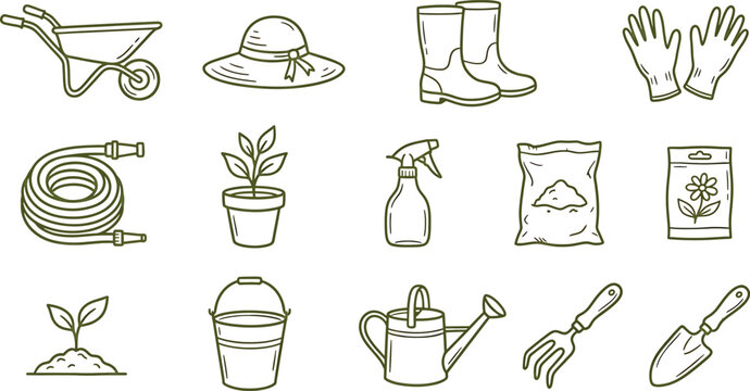 Set of gardening tools and equipment icons, including wheelbarrow, hat, boots, gloves, hose, plant, spray bottle, soil, seeds, bucket, watering can