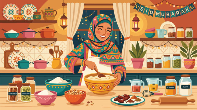 A Muslim family giving Eidi holiday money gifts to happy children in a decorated living room, flat vector illustration for Eid al-Fitr and Eid al-Adha