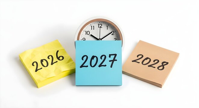 Planning ahead with sticky notes showing future years and a clock set to just after noon.