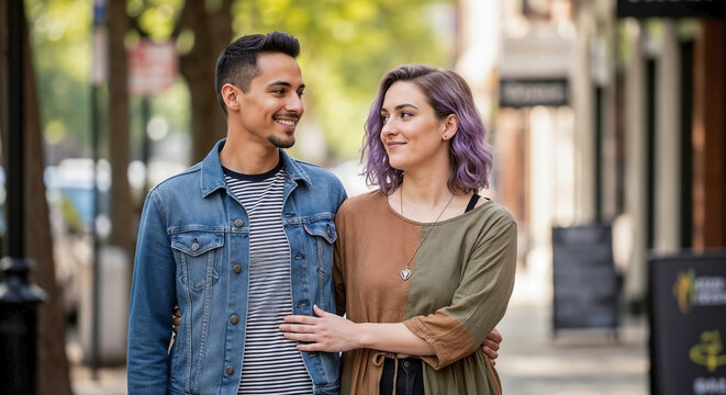 Transgender couple walking urban street, smiling at each other with affection and warmth. Happy transgender couple embracing diverse relationships, promoting modern love and acceptance.