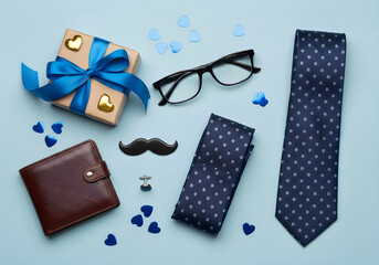 Obraz premium Thoughtful father's day gift ideas wallet tie glasses more celebrating dad's special day