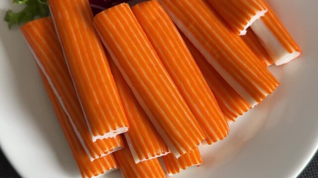Crab sticks seafood lunch or dinner tasty snack fresh gourmet food background on the table rustic food top view copy space pescetarian diet