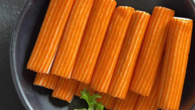 Crab sticks seafood lunch or dinner tasty snack fresh gourmet food background on the table rustic food top view copy space pescetarian diet