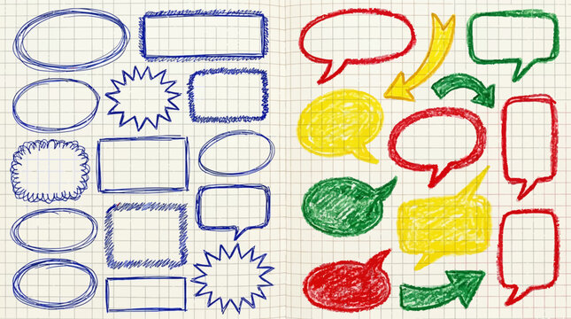 Blue pen text boxes and shapes collection. Blue ball pen ovals, rectangles and starburst doodles at grid notebook background