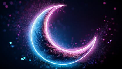 Obraz premium Abstract Glowing Crescent Moon In Neon Blue And Purple With Sparkling Particles And A Dark Cosmic Background
