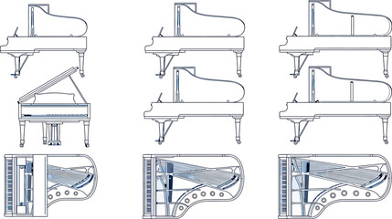 Grand piano blueprint vector illustration technical drawings of grand pianos in side, front, and top views showing internal strings © SampaRani