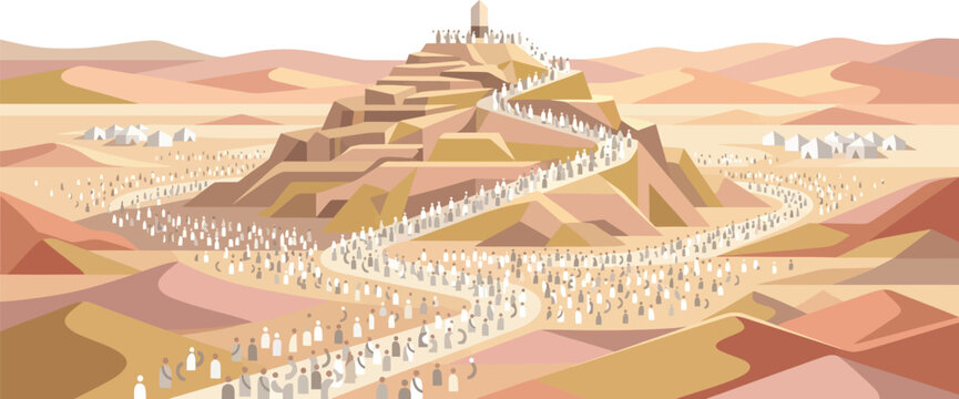 Muslim pilgrims in white Ihram clothing gathering at Mount Arafat during Hajj pilgrimage, minimalist desert landscape vector illustration