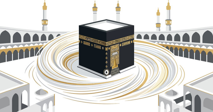 The Holy Kaaba inside Masjid al-Haram with swirling gold and grey lines representing pilgrim Tawaf circumambulation, vector illustration for Hajj