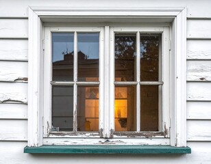 Obraz premium Exterior View Of Old White Wooden Window With Peeling Paint Reflecting Evening Sky and Interior Warm Light