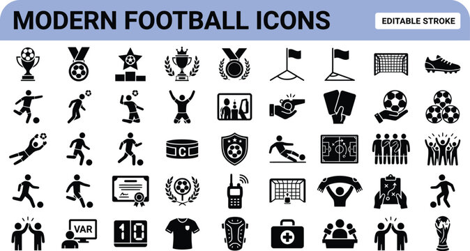 Modern Football Soccer Icons Set Editable Stroke Vector