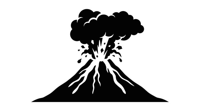 Volcano Silhouette With Eruption Black On White Background