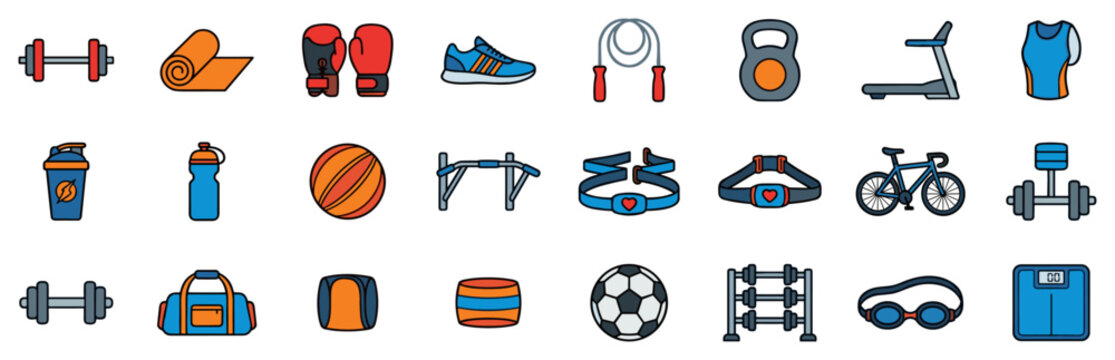 Collection of colorful fitness and sports equipment icons including dumbbells, yoga mat, boxing gloves, sneaker, jump rope, kettle bell, treadmill, sportswear, water bottles on transparent background